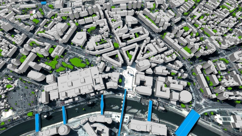 3D vectors digital map visualization emphasizing the detailed structures of buildings and the layout of an urban environment, including vegetation and bridges.