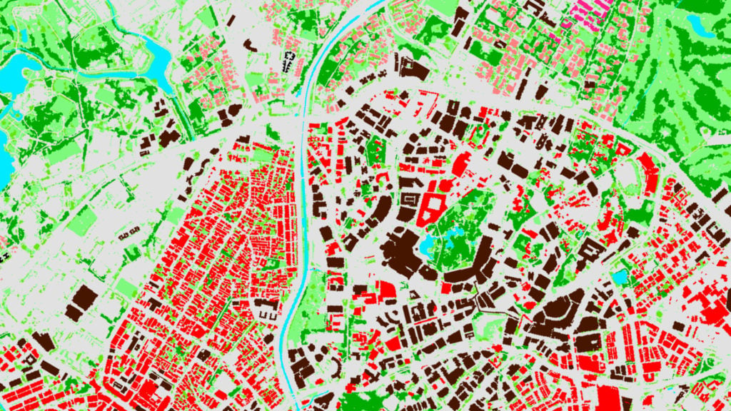 Geospatial clutter/land use map with standard classes, showing varied urban textures for planning and simulation.
