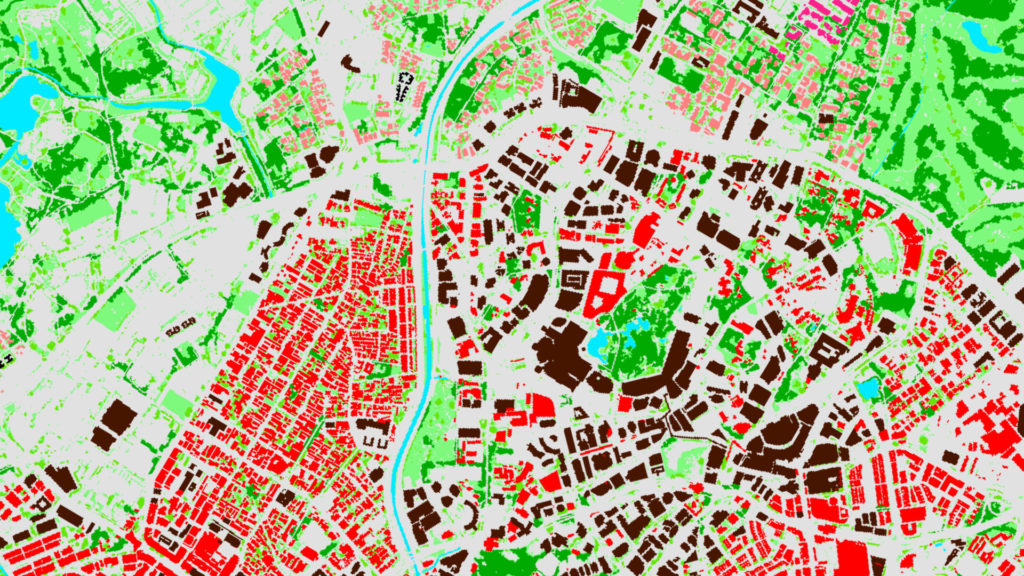 Geospatial clutter/land use map with standard classes, showing varied urban textures for planning and simulation.